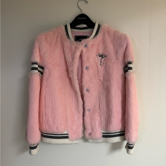MDNS Jackets & Blazers - Russian Pink Fur Bomber Jacket “MAD MDNS NESS” Varsity Harajuku Y2K M